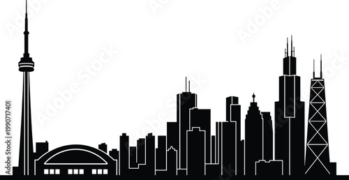 City skyline silhouette illustration featuring CN Tower, Rogers Centre, skyscrapers, and iconic architecture, urban landmark vector, modern metropolitan design, black-and-white drawing