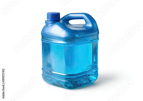Blue plastic jug with handle, filled with clear blue liquid, on white