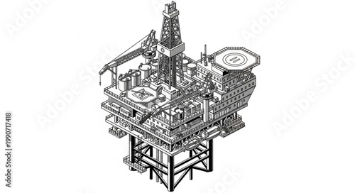 Detailed Illustration of an Offshore Oil Platform Structure.