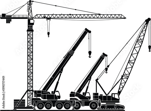 Construction crane silhouette illustration set featuring tower crane, mobile truck crane, crawler crane, and lifting equipment, industrial vector graphic, black-and-white drawing