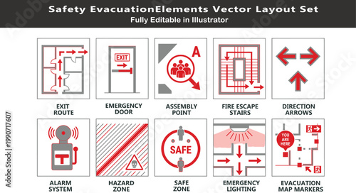 Safety evacuation vector icons set, top view emergency layout symbols, exit routes, fire escape stairs, alarm systems, assembly points, CAD plan