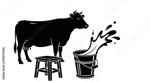 Traditional Dairy Farming Set with Cow Silhouette Milking Stool and Spilled Milk Bucket - Adobe Illustrator Vector