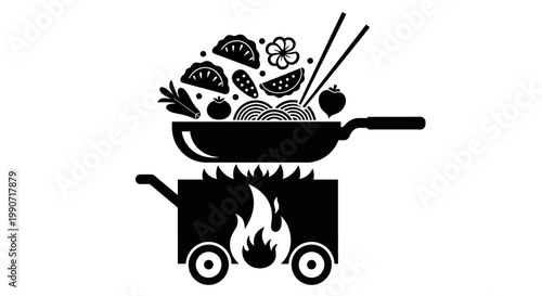 Traditional Asian Street Food Cooking Set with Frying Pan Dumplings over Fire and Chopsticks - Adobe Illustrator Vector
