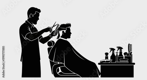 Professional Barber Shop Service with Hairdresser Styling Client Hair and Grooming Tools - Adobe Illustrator Vector