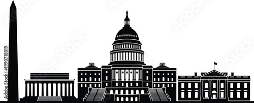 Washington DC landmarks silhouettes, Capitol White House Lincoln Memorial vector illustration, government architecture artwork design graphic - black and white flat vector illustration