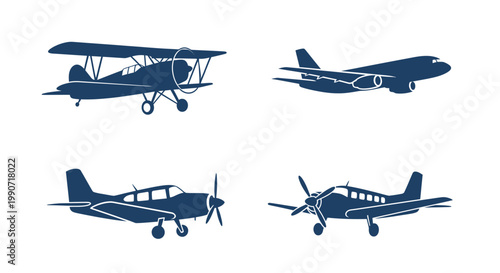 Set of Four Airplane Silhouettes Vector Illustration Featuring Biplane Commercial Jet and Propeller Aircraft Designs for Aviation Themed Graphic Projects