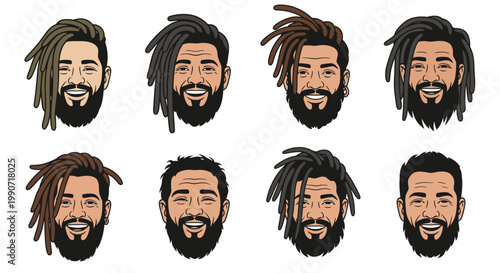 Set of Men Faces with Different Hairstyles and Dreadlocks Vector Illustration Flat Graphic Design