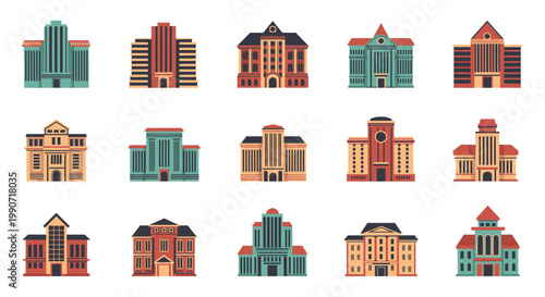 Set of Modern Building Icons Vector Illustration Featuring Diverse Architectural Styles for Urban Planning and Real Estate Design Concepts