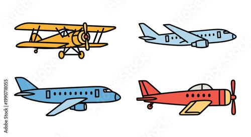 Set of Four Different Airplanes Vector Illustration Featuring Commercial Jets and Vintage Propeller Aircraft in a Clean Flat Graphic Style for Travel Design Elements