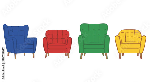 Set of Four Colorful Armchairs Vector Illustration, Modern Furniture Collection for Interior Design Projects and Home Decor Concepts, Isolated on White Background