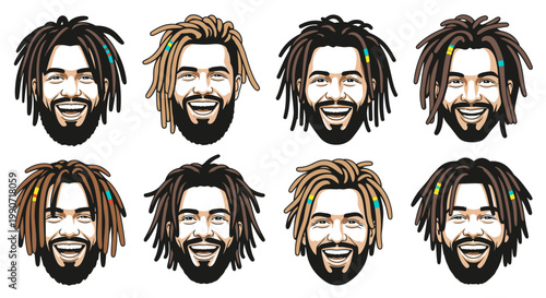 Set of Men with Dreadlocks Vector Illustration Featuring Diverse Hair Colors and Expressions for Character Design and Avatar Creation Projects
