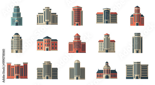 Set of Modern City Buildings Vector Illustration, Flat Style Architectural Icons for Urban Planning, Real Estate Development, and Cityscape Design Projects