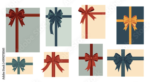 Set of Gift Boxes with Ribbons and Bows Vector Illustration, Flat Design Elements for Holiday Presents and Festive Celebration Decorations Isolated on White Background