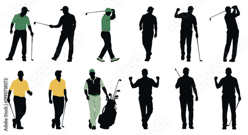 Set of Golf Player Silhouettes Vector Illustration Featuring Professional Golfers in Various Athletic Poses and Swings Isolated on White Background for Sports Design