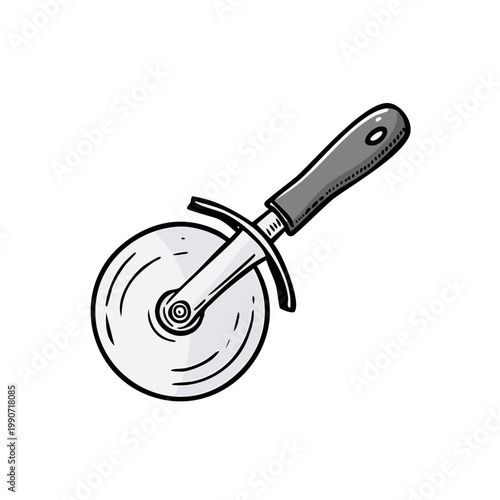 Hand drawn illustration of a classic pizza cutter with a gray handle and metal wheel