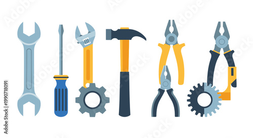 Set of Hand Tools and Industrial Gears Vector Illustration Featuring Wrench Screwdriver Hammer and Pliers for Construction Repair Maintenance and DIY Projects