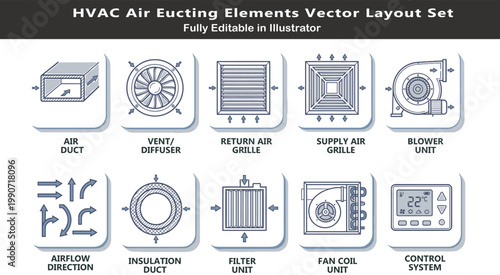 HVAC ducting system vector icons set, top view air distribution layout, ducts, vents, grilles, airflow, fan coil, mechanical CAD symbols