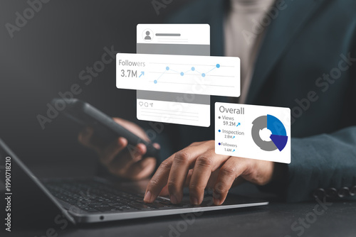 Businessman analyzing digital marketing campaign data with ROAS, impressions, and performance charts, representing ad spend, clicks, return on investment, and growth analytics.