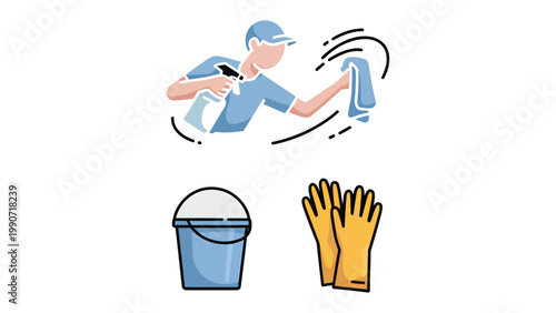 Service Provider's Toolkit: Illustration of a service provider meticulously cleans a window using a spray bottle and cloth, next to essential tools.