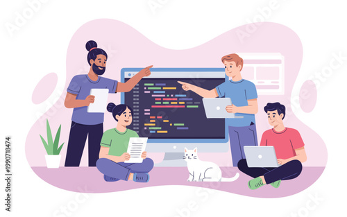 Young diverse developers working on a programming task with a monitor and friendly white cat