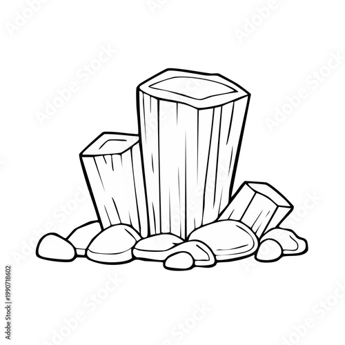 Abstract geometric crystalline mineral formations with surrounding pebbles in a simple outline drawing