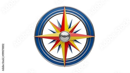 A colorful compass rose with a blue ring and multicolored star on a white background