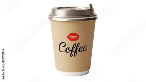 A brown paper coffee cup with a silver lid and a red lip print