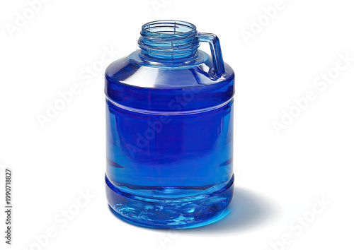 A blue translucent liquid fills a clear plastic jug with a handle
