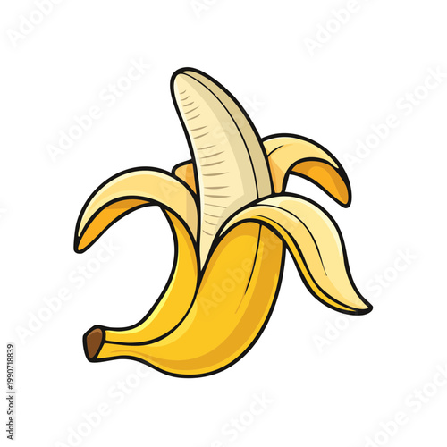 Illustration of a partially peeled yellow banana with a white interior and brown stem