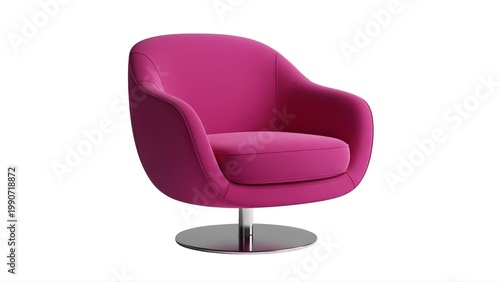 A modern pink swivel chair with a sleek design and silver base on a white background