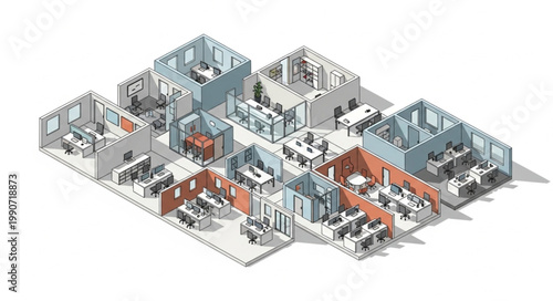 Detailed isometric illustration of a modern hospital building.
