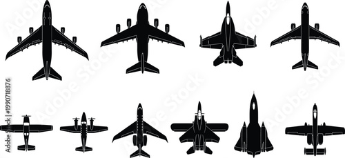 Aircraft silhouette illustration set featuring commercial airliners, military jets, propeller planes, and diverse aviation designs, airplane vector graphic, black-and-white drawing