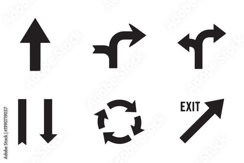 Set of directional arrow icons and signpost silhouettes for navigation.