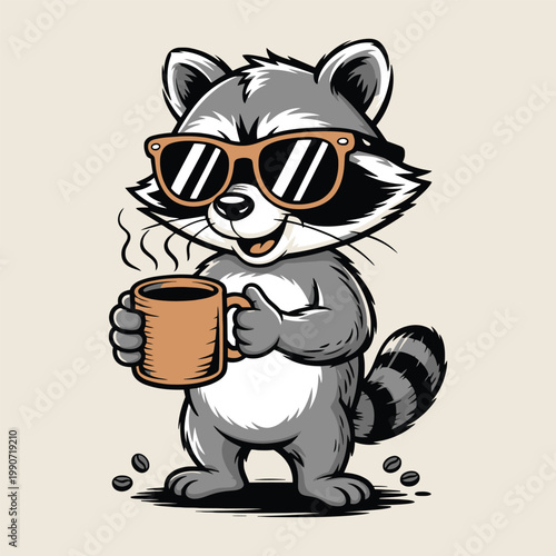 Cute Cartoon Raccoon Character with Sunglasses Drinking Coffee, Vintage Distressed Vector Illustration