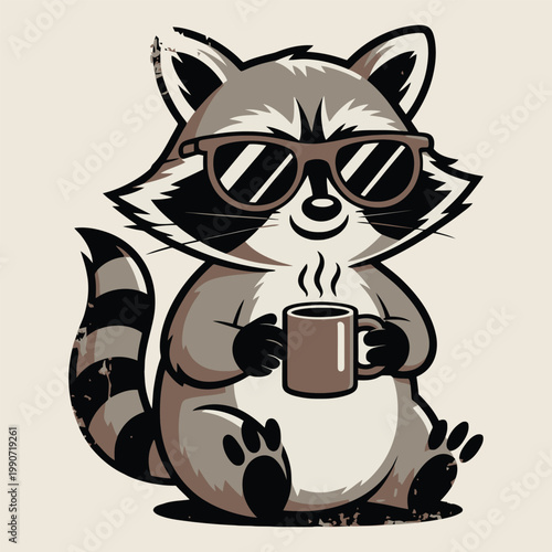 Cute Cartoon Raccoon Character with Sunglasses Drinking Coffee, Vintage Distressed Vector Illustration for T-Shirt Print