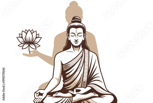 Meditating guru holding lotus with shadow of enlightenment