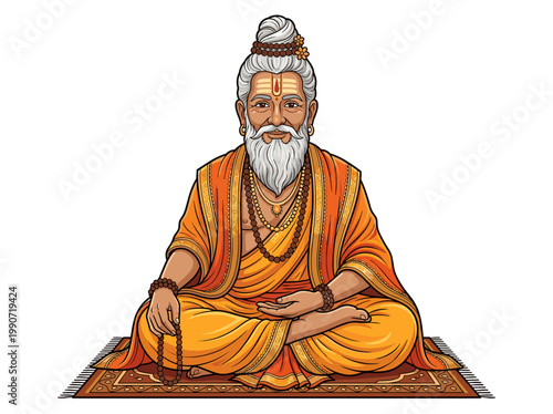 Indian guru meditating in lotus pose on a rug