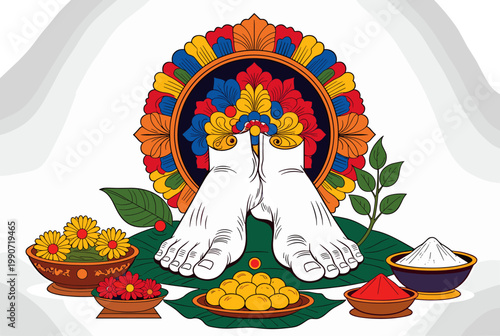 Guru Purnima feet offering with flowers and sweets