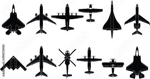 Aircraft silhouette illustration set featuring fighter jets, commercial airliners, cargo planes, bombers, helicopter, and propeller aircraft, aviation vector graphic, black-and-white drawing
