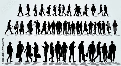 A vector graphic illustration of a crowd of people walking in silhouette