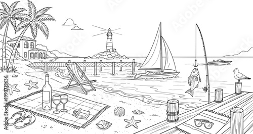 Beachfront Paradise with Lighthouse, Sailboat, and Picnic Elements for Travel, Resort, and Vacation-Themed Digital Media