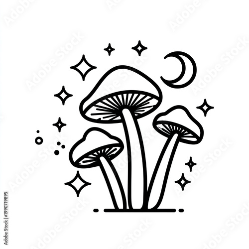 Whimsical line art of three mushrooms surrounded by stars and a crescent moon