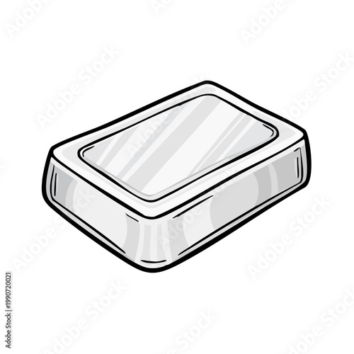 A simplistic illustration of a shiny rectangular soap bar with a clear lid on a white background