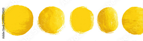 Five abstract yellow circular shapes, varying in size and texture