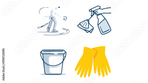 Housekeeping Set: Depicting cleaning tools like sprays, gloves, and buckets, as a symbol of tidiness and freshness. Perfect for illustrating a clean and healthy environment.