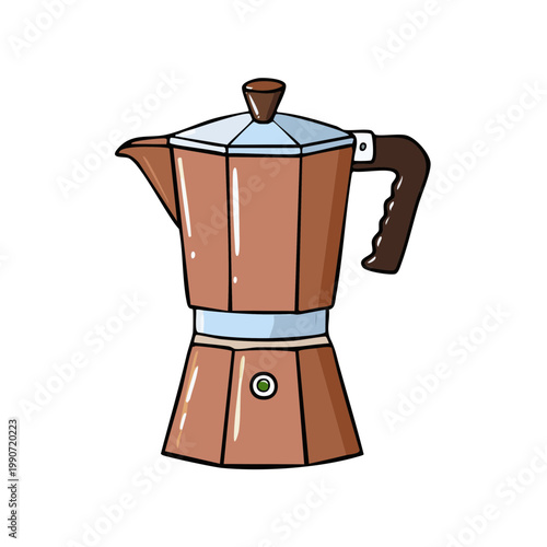 Cartoon illustration of a classic stovetop espresso maker with a brown body and black handle