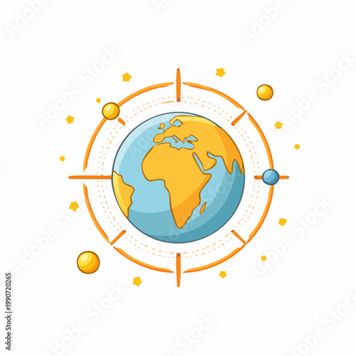 Illustration of Earth with orbital elements and star icons in cartoon style