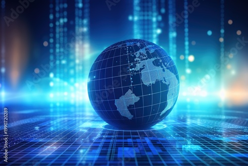 Futuristic Digital Globe with Holographic Data Rings on Dark Background