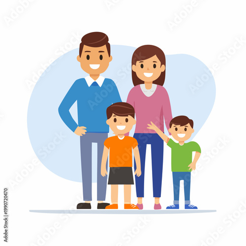 Happy family portrait of parents and two children smiling and posing together