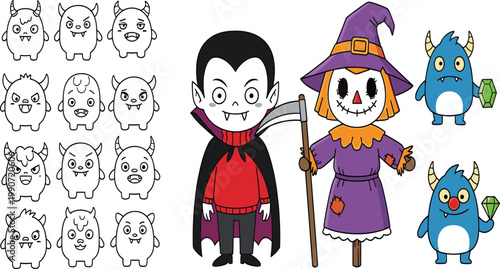 Cute Halloween Vector Character Set Featuring Kawaii Dracula Vampire, Spooky Scarecrow Witch, Little Monsters with Horns, and Outlined Emoticons for Holiday Design Project